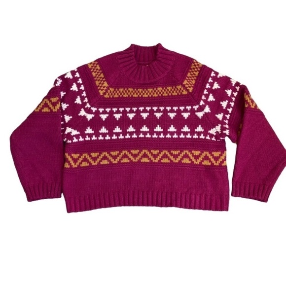 Universal Thread Fuchsia Pink Knitted Fair Isle Sweater Cropped Mock Neck Sz L - Picture 11 of 14
